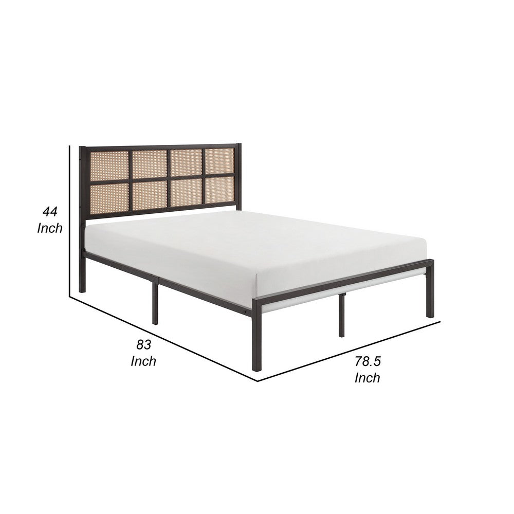 Annie King Platform Metal Bed, Brown Faux Cane Panel Headboard, Dark Bronze