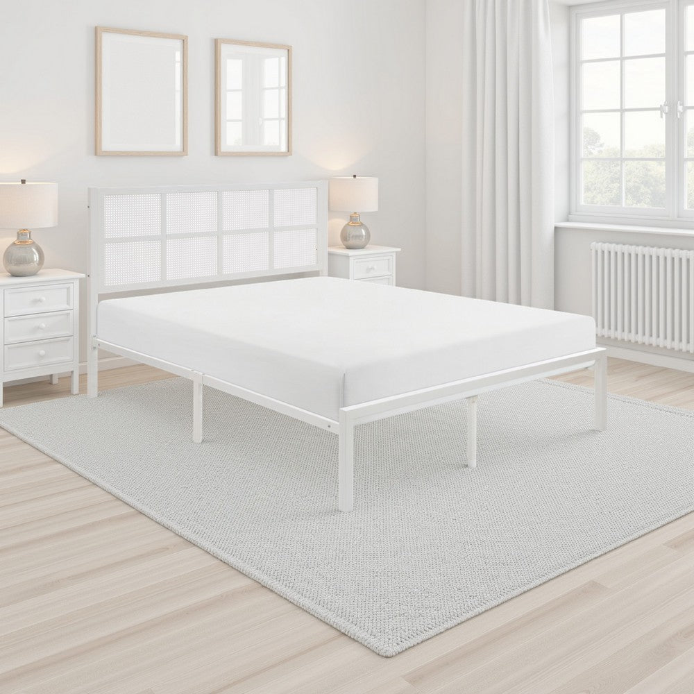 Annie King Platform Metal Bed, White Faux Cane Panel Headboard, Low Profile