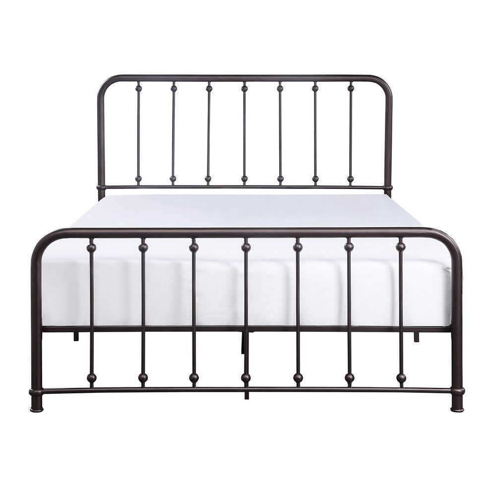 Ken Twin Size Metal Bed, Ball Accents on Vertical Slats, Antique Bronze