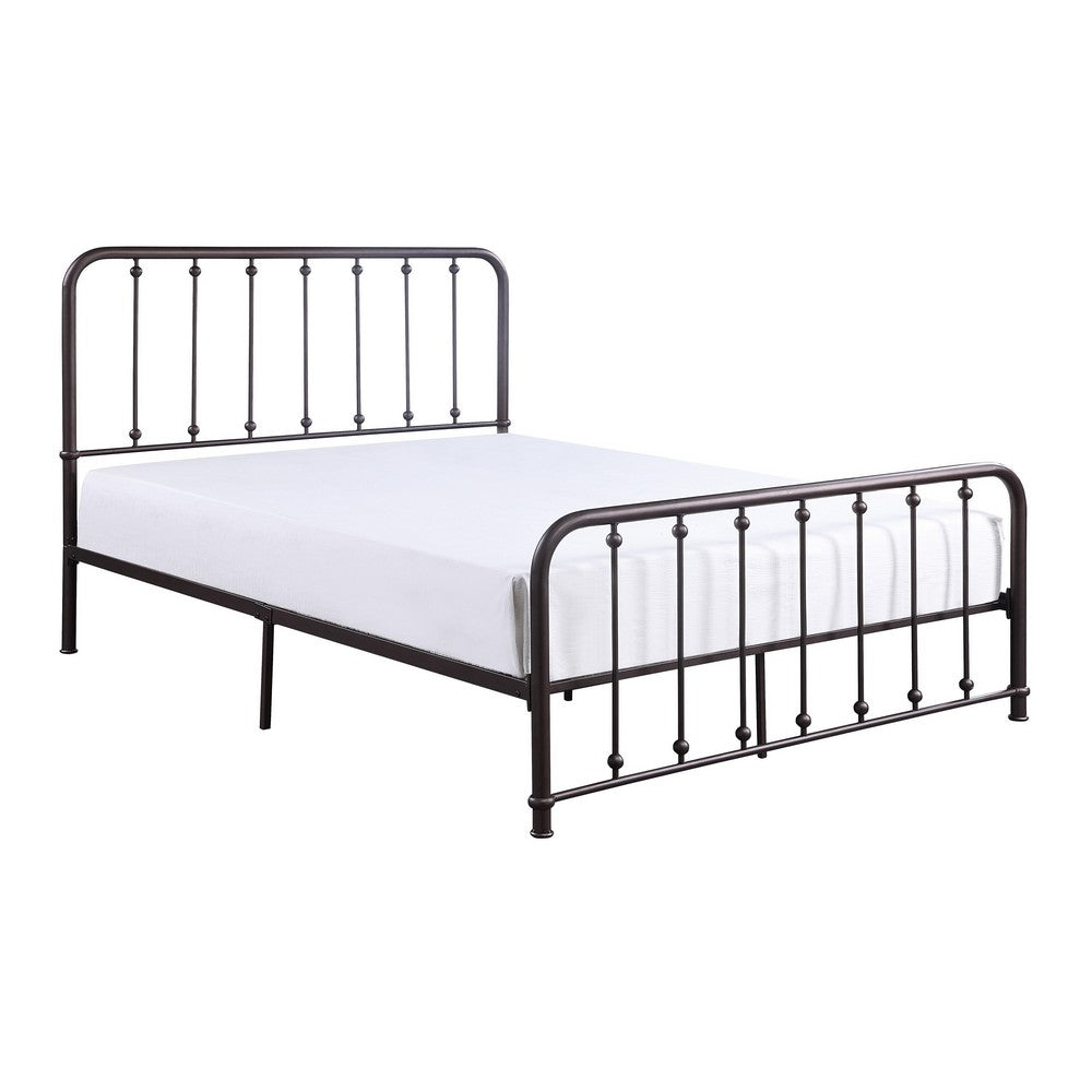 Ken Twin Size Metal Bed, Ball Accents on Vertical Slats, Antique Bronze