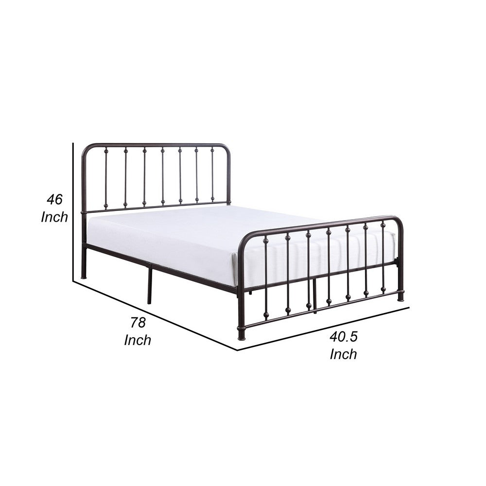 Ken Twin Size Metal Bed, Ball Accents on Vertical Slats, Antique Bronze