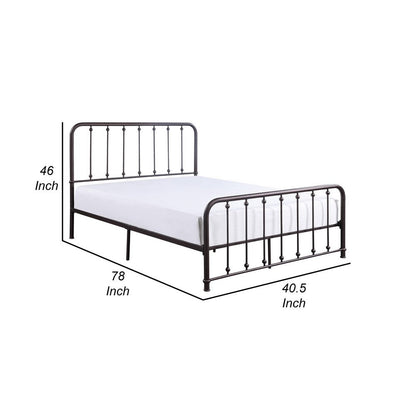 Ken Twin Size Metal Bed, Ball Accents on Vertical Slats, Antique Bronze