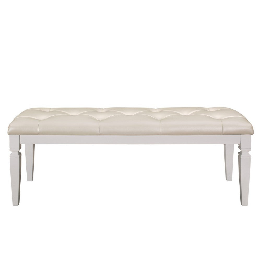 Lura 54 Inch Accent Bench, Button Tufted Foam Faux Leather, White Wood