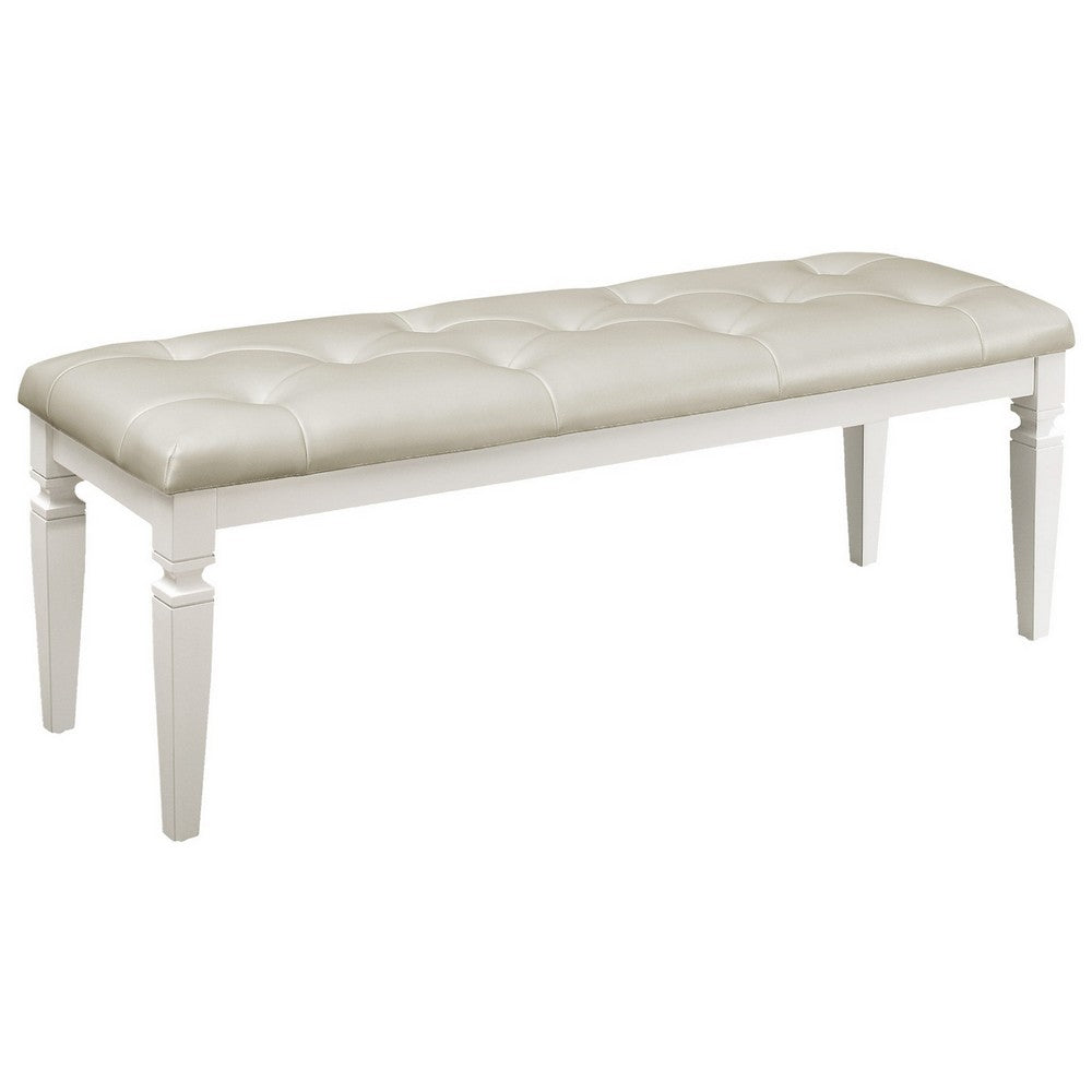 Lura 54 Inch Accent Bench, Button Tufted Foam Faux Leather, White Wood