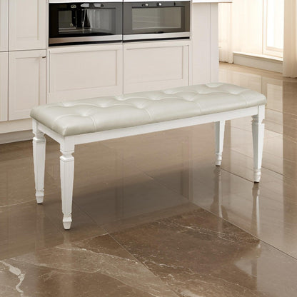 Lura 54 Inch Accent Bench, Button Tufted Foam Faux Leather, White Wood