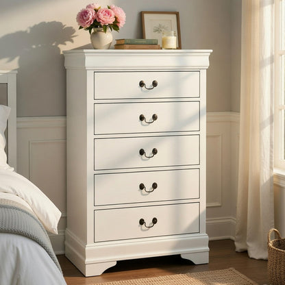 Vele 49 Inch Tall Dresser Chest, 5 Drawers, Brass Tone Metal, White Wood