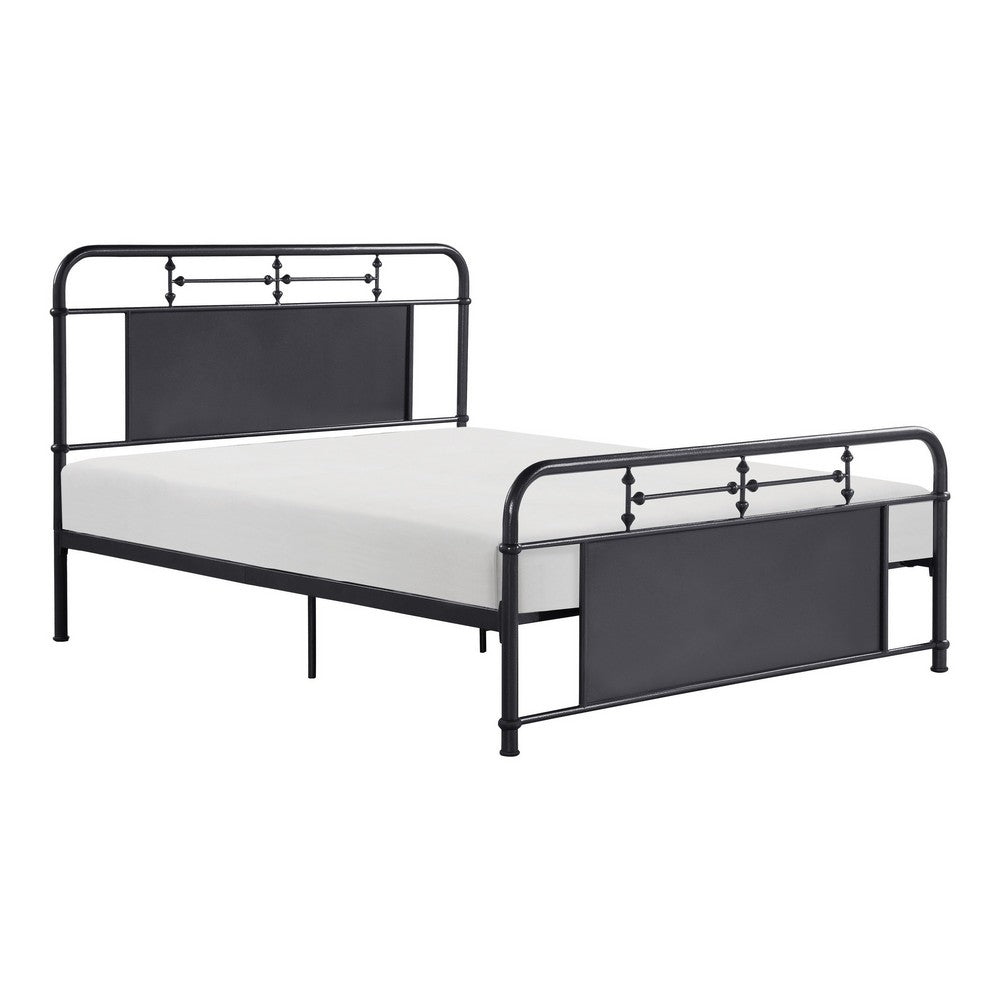 Cardy Full Size Metal Bed, Rounded Profile, Mottled Silver Finish Panels