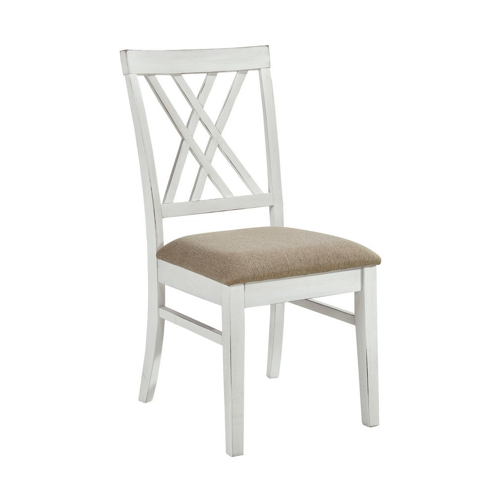 Hyna 19 Inch Side Dining Chair, X Cross Back, Khaki Seat, Farmhouse White