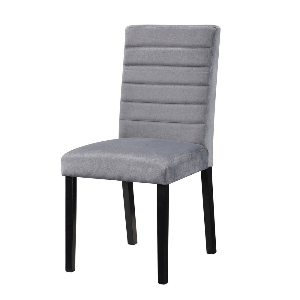 Andy 18 Inch Side Dining Chair, Channel Tufted Gray Velvet, Black Wood