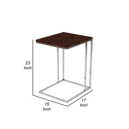 Zen 23 Inch Side Table, Rectangular Tray Top, C Shape Chrome, Ebony Brown