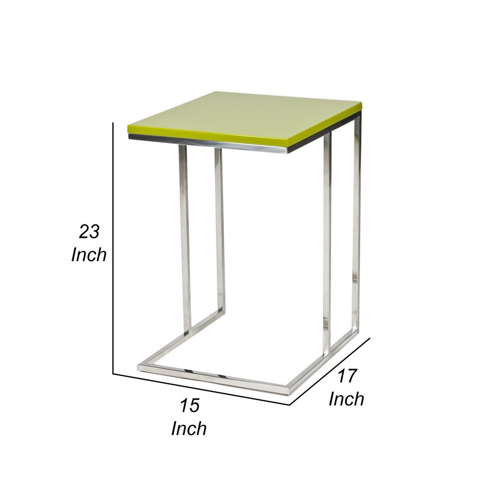 Zen 23 Inch Side Table, Rectangular Tray Top, C Shape Chrome Frame, Green