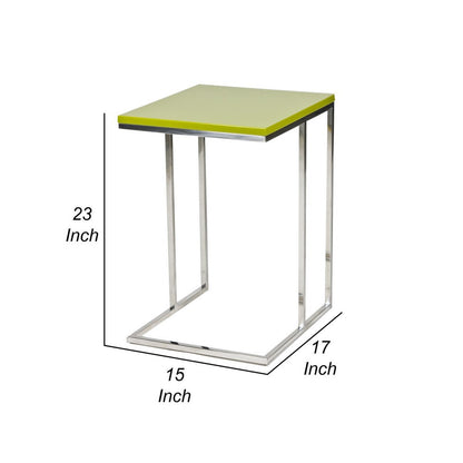 Zen 23 Inch Side Table, Rectangular Tray Top, C Shape Chrome Frame, Green