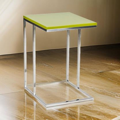Zen 23 Inch Side Table, Rectangular Tray Top, C Shape Chrome Frame, Green