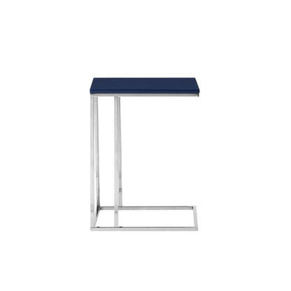 Zen 23 Inch Side Table, Rectangular Tray Top, C Shape Chrome, Navy Blue