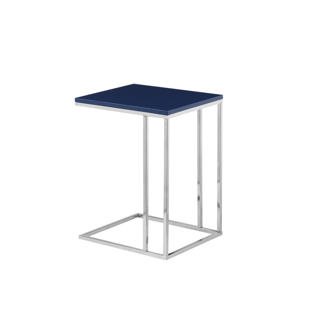 Zen 23 Inch Side Table, Rectangular Tray Top, C Shape Chrome, Navy Blue