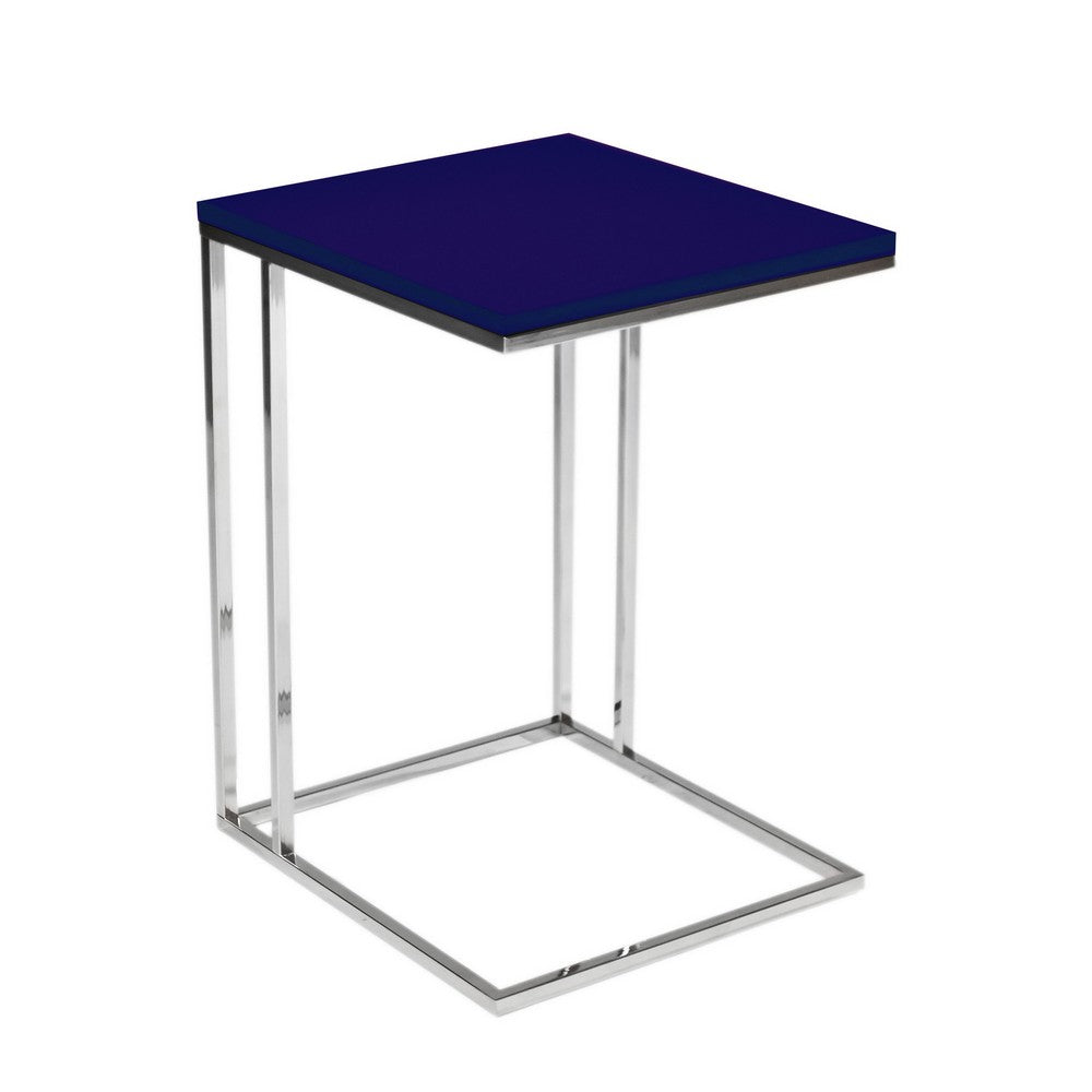 Zen 23 Inch Side Table, Rectangular Tray Top, C Shape Chrome, Navy Blue