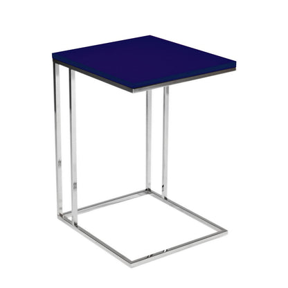 Zen 23 Inch Side Table, Rectangular Tray Top, C Shape Chrome, Navy Blue