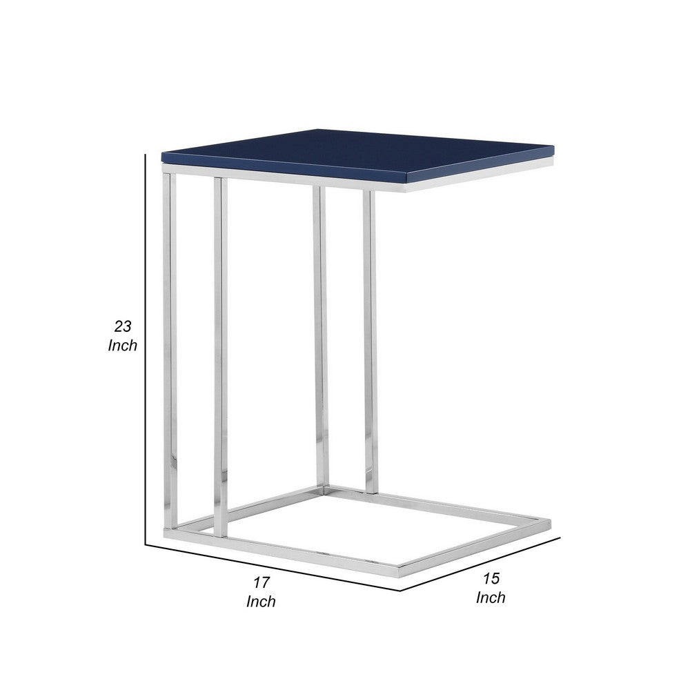Zen 23 Inch Side Table, Rectangular Tray Top, C Shape Chrome, Navy Blue