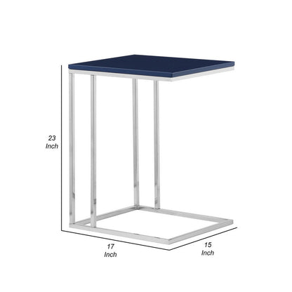Zen 23 Inch Side Table, Rectangular Tray Top, C Shape Chrome, Navy Blue