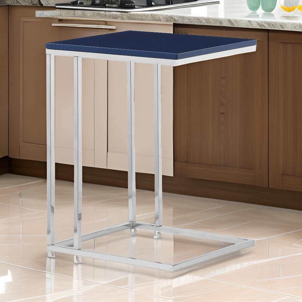 Zen 23 Inch Side Table, Rectangular Tray Top, C Shape Chrome, Navy Blue