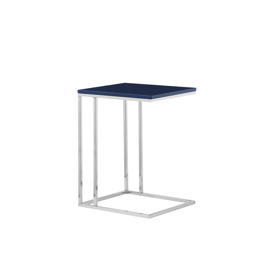 Zen 23 Inch Side Table, Rectangular Tray Top, C Shape Chrome, Navy Blue
