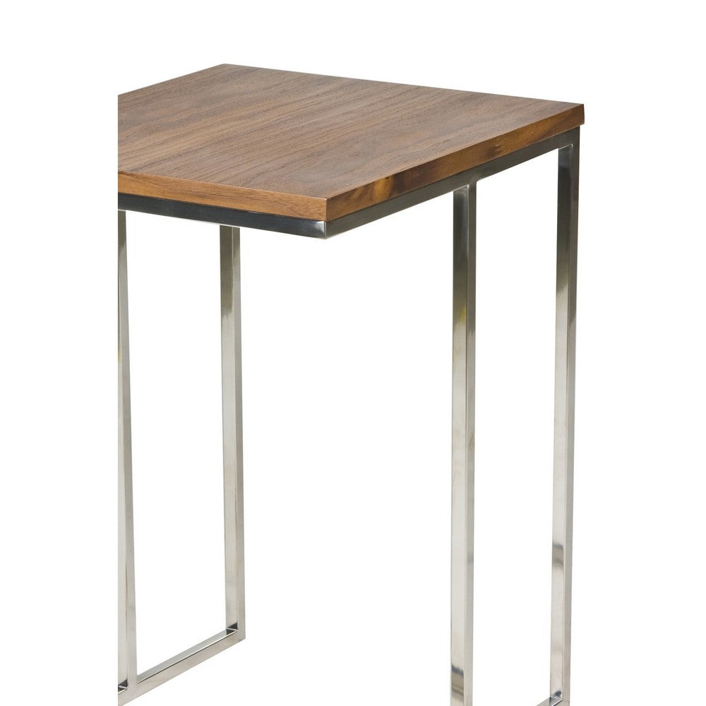 Zen 23 Inch Side Table, Rectangular Tray Top, C Shape Chrome, Walnut Brown