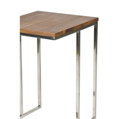 Zen 23 Inch Side Table, Rectangular Tray Top, C Shape Chrome, Walnut Brown