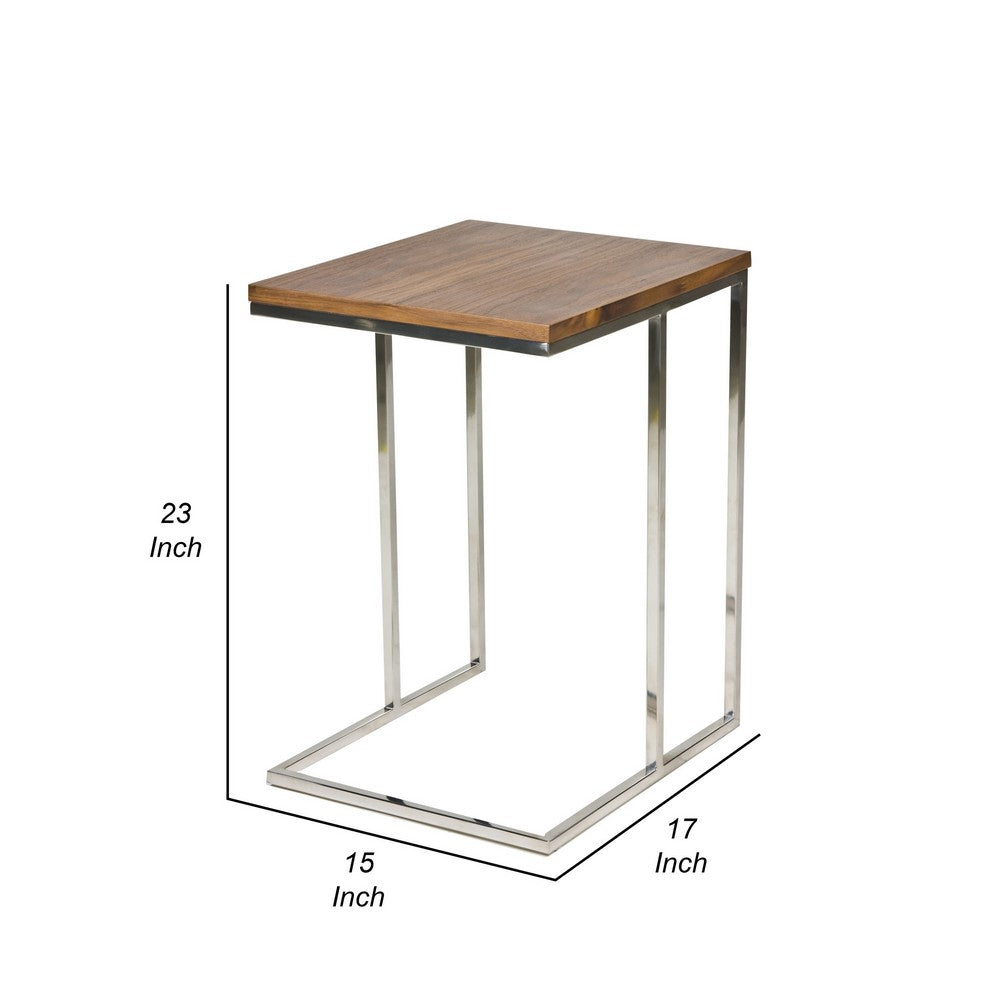 Zen 23 Inch Side Table, Rectangular Tray Top, C Shape Chrome, Walnut Brown