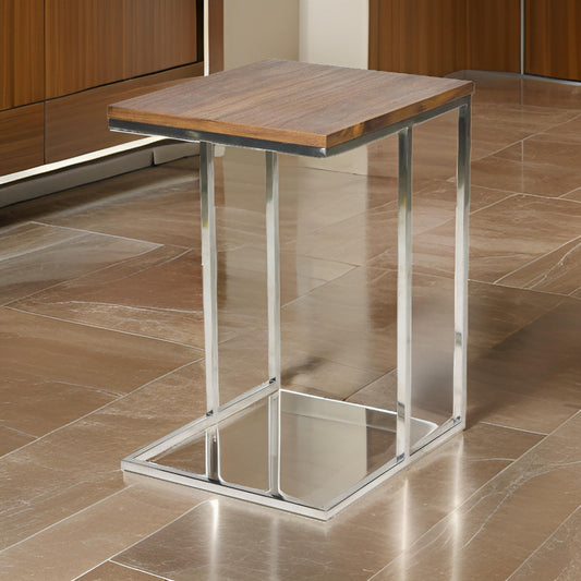 Zen 23 Inch Side Table, Rectangular Tray Top, C Shape Chrome, Walnut Brown