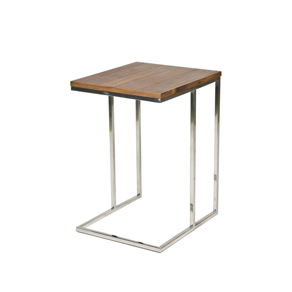 Zen 23 Inch Side Table, Rectangular Tray Top, C Shape Chrome, Walnut Brown