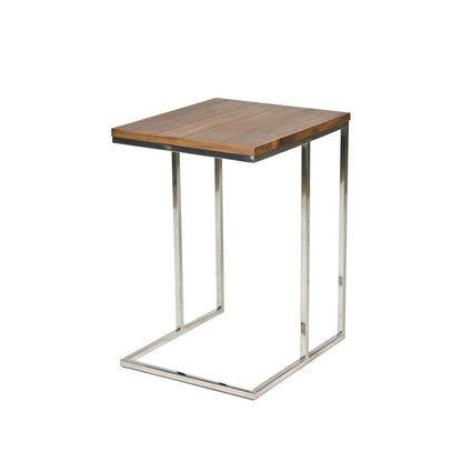 Zen 23 Inch Side Table, Rectangular Tray Top, C Shape Chrome, Walnut Brown