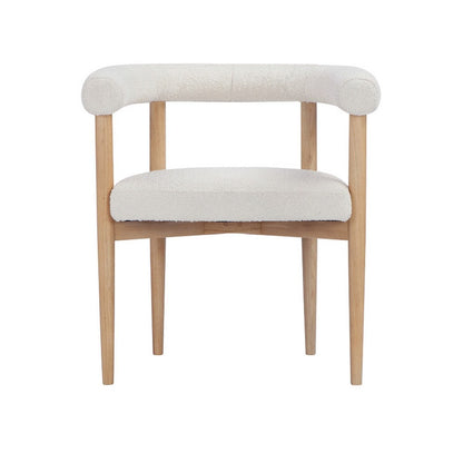 Lea 26 Inch Accent Armchair, Curve Wishbone Back, White Boucle, Brown