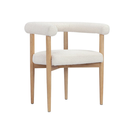 Lea 26 Inch Accent Armchair, Curve Wishbone Back, White Boucle, Brown