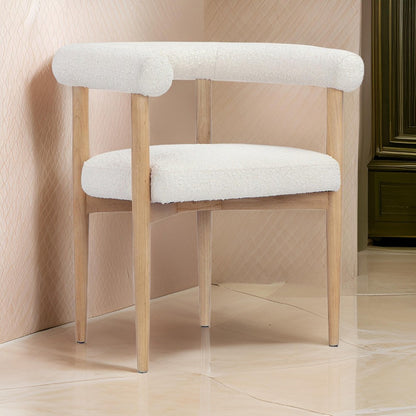 Lea 26 Inch Accent Armchair, Curve Wishbone Back, White Boucle, Brown
