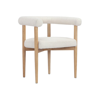 Lea 26 Inch Accent Armchair, Curve Wishbone Back, White Boucle, Brown