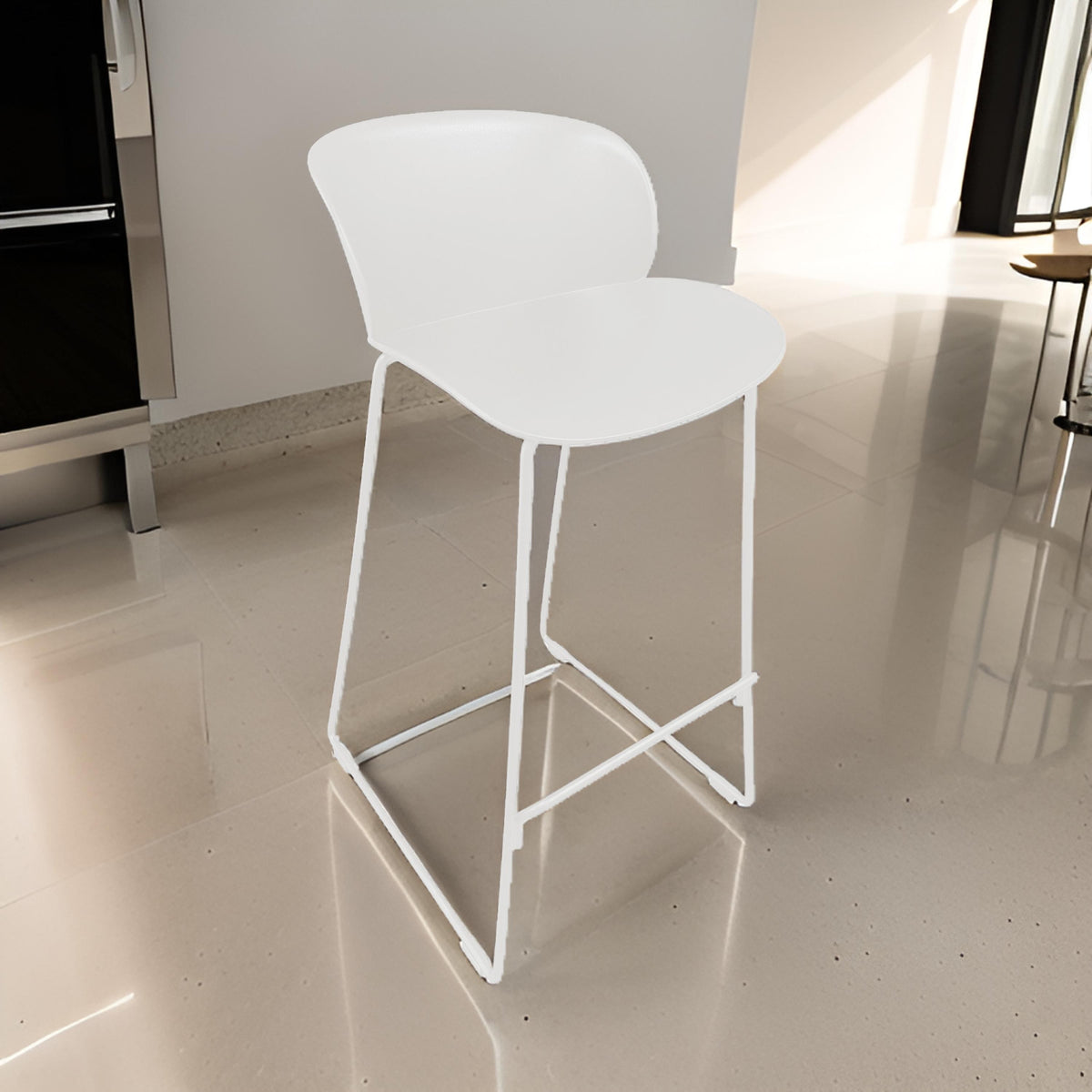Sia 30 Inch Barstool Chair Set of 2, Curved Back, Square White Metal Legs