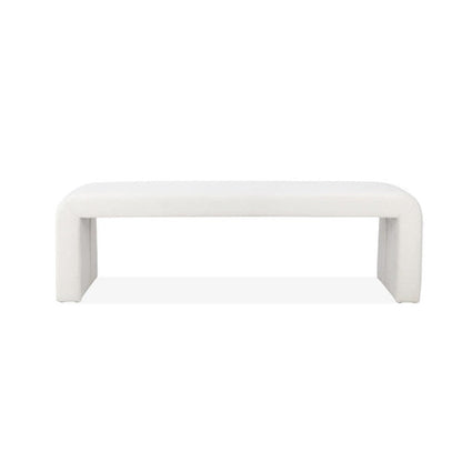 Jea 62 Inch Accent Bench, Plush White Boucle Upholstery, Wide Panel Legs