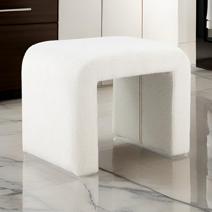 Jea 24 Inch Accent Stool, Soft Cushioned Seat, White Boucle, Panel Legs