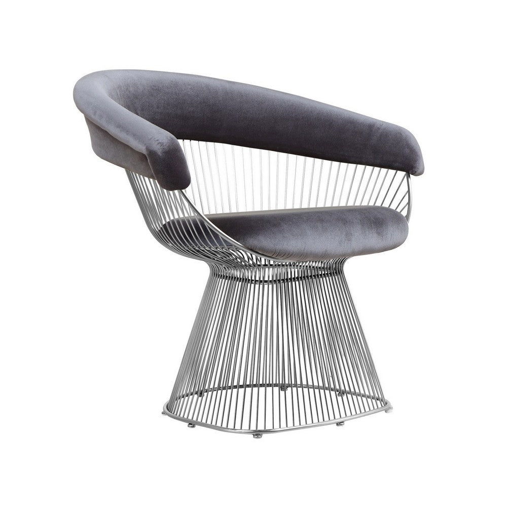 Mimi 27 Inch Accent Armchair, Plush Gray Velvet, Chrome Wire Cage Base