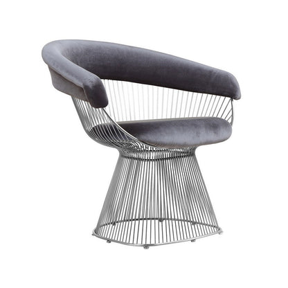 Mimi 27 Inch Accent Armchair, Plush Gray Velvet, Chrome Wire Cage Base