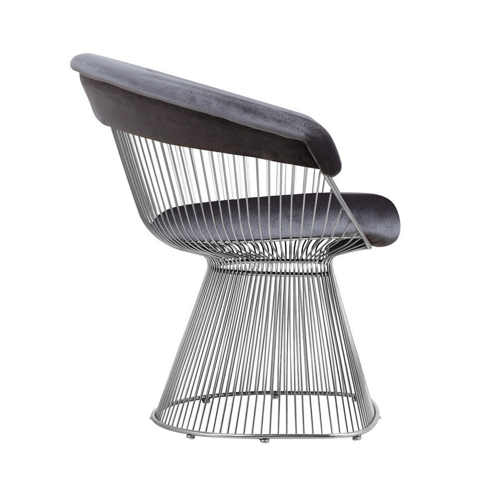 Mimi 27 Inch Accent Armchair, Plush Gray Velvet, Chrome Wire Cage Base