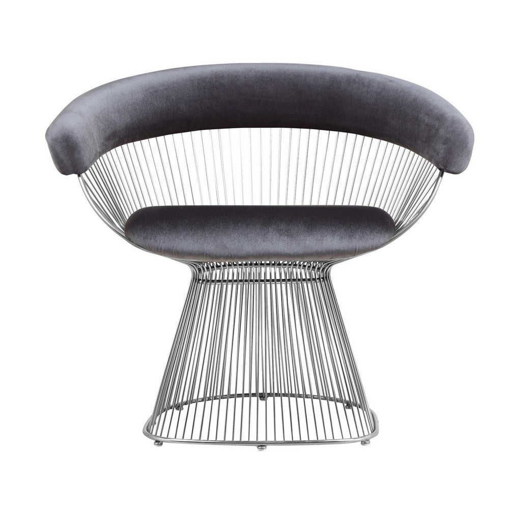 Mimi 27 Inch Accent Armchair, Plush Gray Velvet, Chrome Wire Cage Base