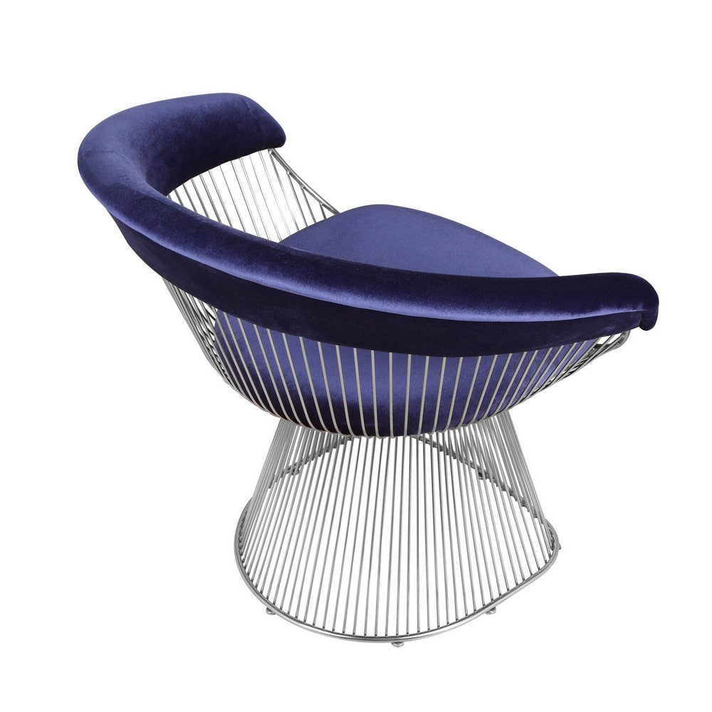 Mimi 27 Inch Accent Armchair, Plush Blue Velvet, Chrome Wire Cage Base