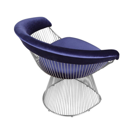 Mimi 27 Inch Accent Armchair, Plush Blue Velvet, Chrome Wire Cage Base