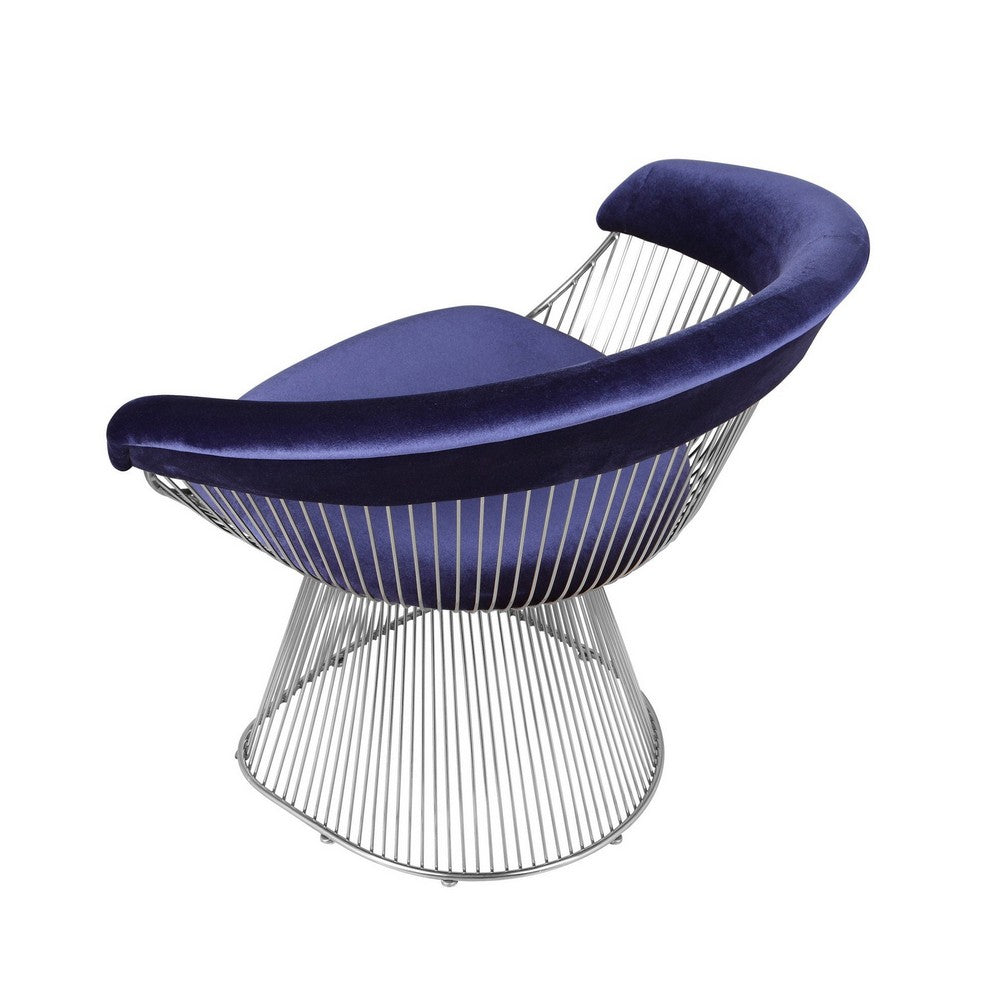 Mimi 27 Inch Accent Armchair, Plush Blue Velvet, Chrome Wire Cage Base