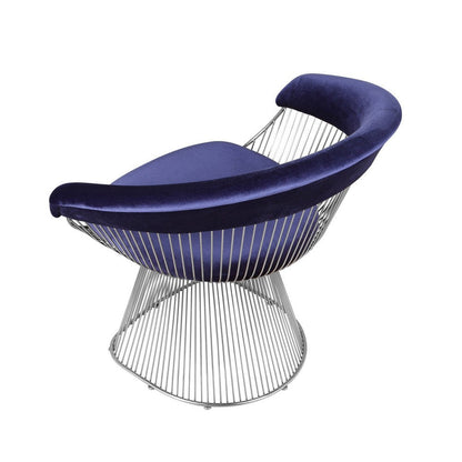 Mimi 27 Inch Accent Armchair, Plush Blue Velvet, Chrome Wire Cage Base