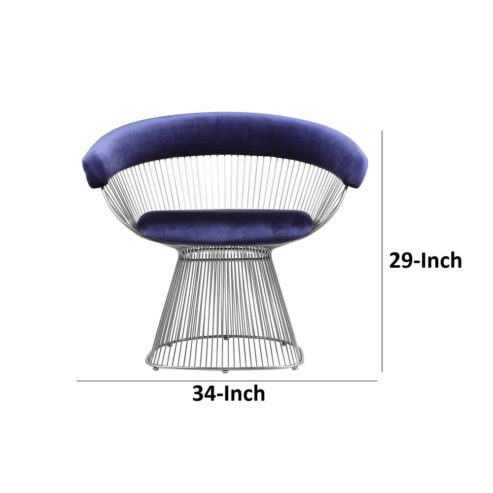 Mimi 27 Inch Accent Armchair, Plush Blue Velvet, Chrome Wire Cage Base