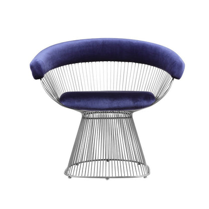Mimi 27 Inch Accent Armchair, Plush Blue Velvet, Chrome Wire Cage Base