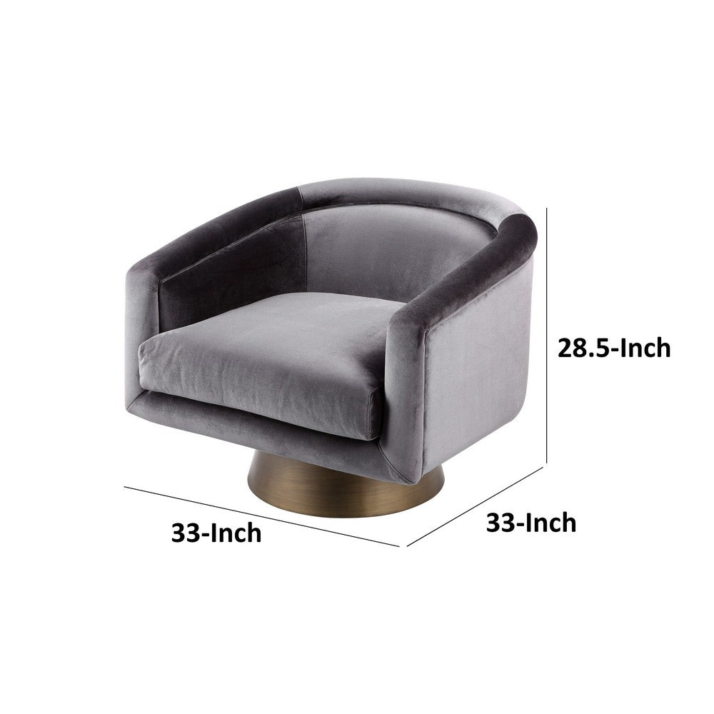 Rxa 33 Inch Swivel Lounge Chair, Barrel Back, Padded Gray Velvet Upholstery