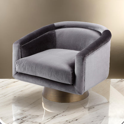 Rxa 33 Inch Swivel Lounge Chair, Barrel Back, Padded Gray Velvet Upholstery